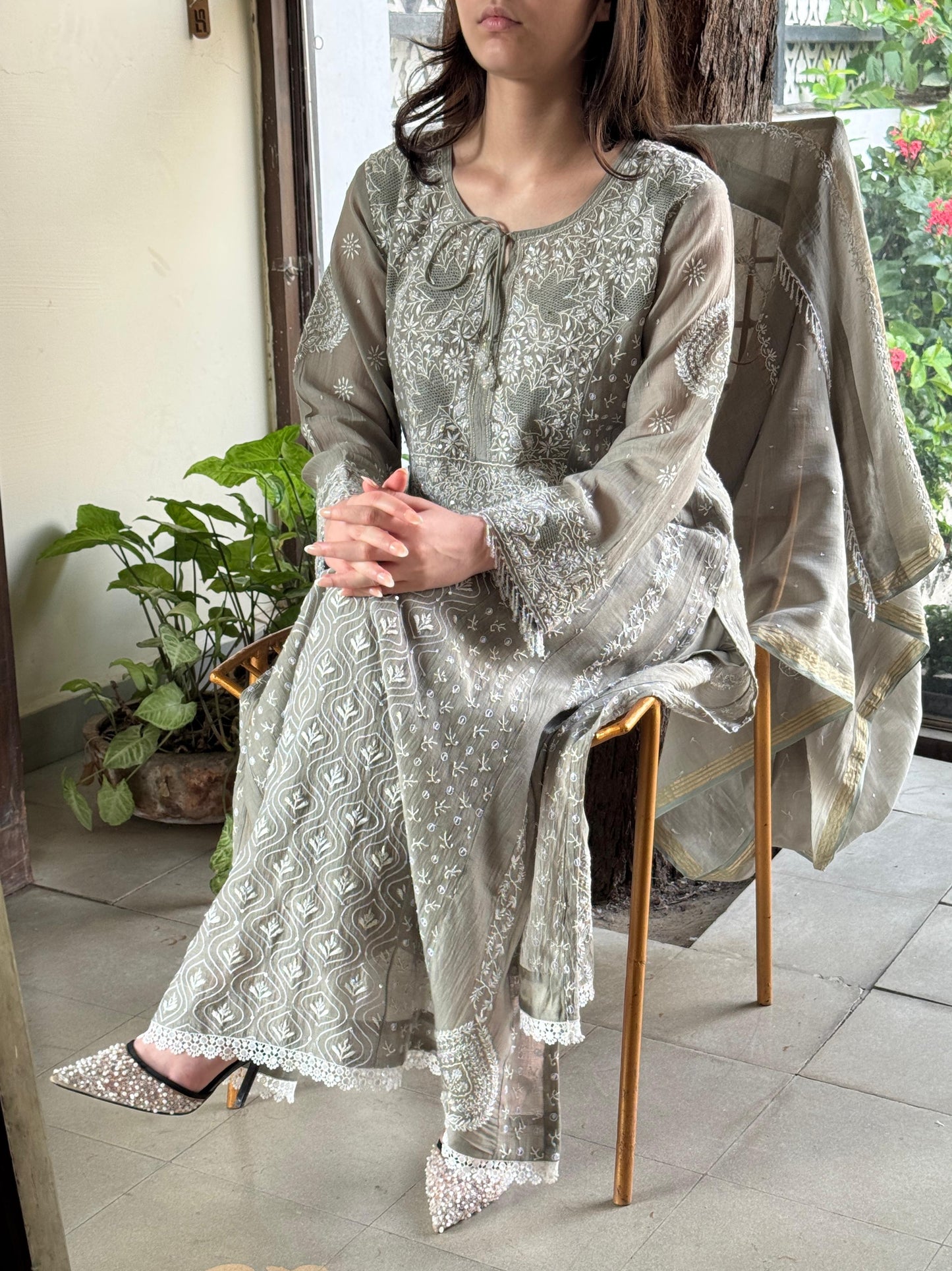 Slate Grey Shade Malmal Pearl Work Chikankari Anarkali