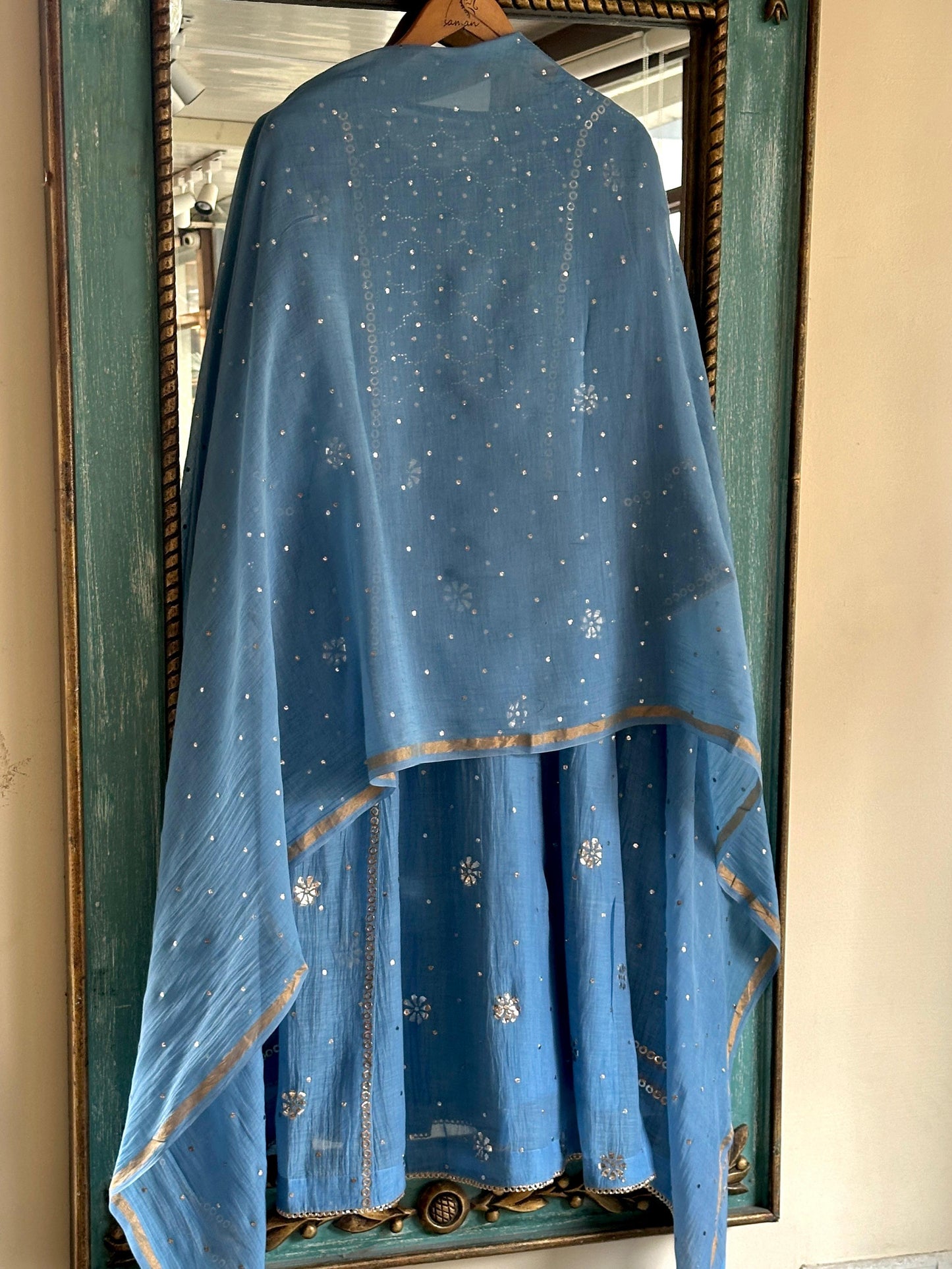 Powder Blue Shade Mukaish Mul Chanderi Silk Dress