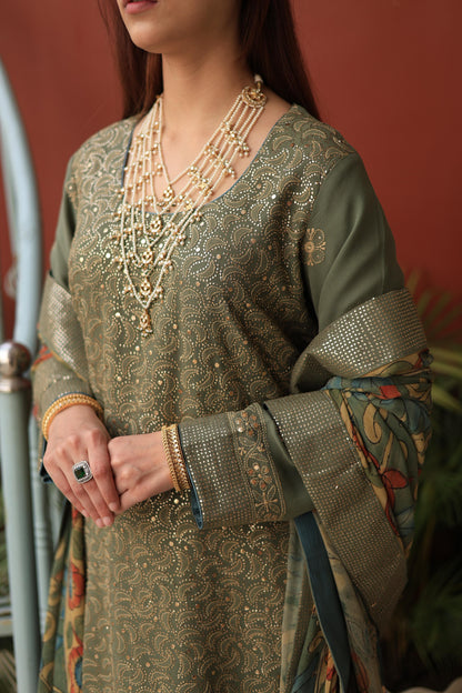 Mehndi Green Chikankari Pure Georgette Kurta Gharara Set with Kalamkari Dupatta