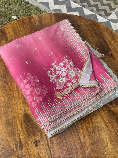 Ombre Plum Grey Noor Organza Chikankari With Sequins Border Saree