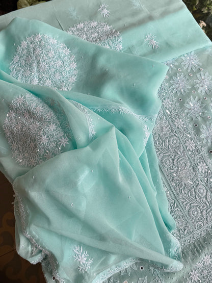 Aqua Green shade Georgette Mirror Work Chikankari Kurta Dupatta Set