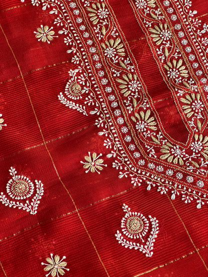 Red Shade Tissue Zari Kota Chikankari Unstitched Fabric