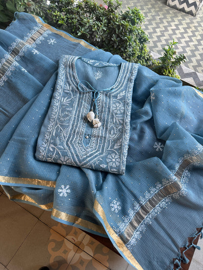 Blue Shade Semi Stitched Kota Tepchi Chikankari Kurta Dupatta Set