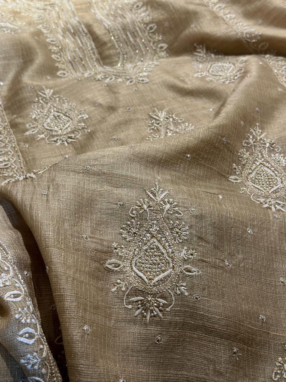 Beige Rasm Tussar Kota Chikankari Unstitched Chikankari Fabric