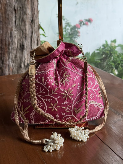 Plum Pink Silk Chikankari Ari & Kasab Work Potli Bag