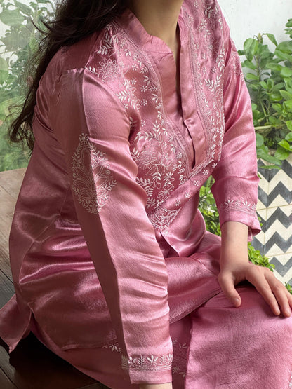 Deep Blush Pink Satin Shimmer Chikankari Co-Ord Set