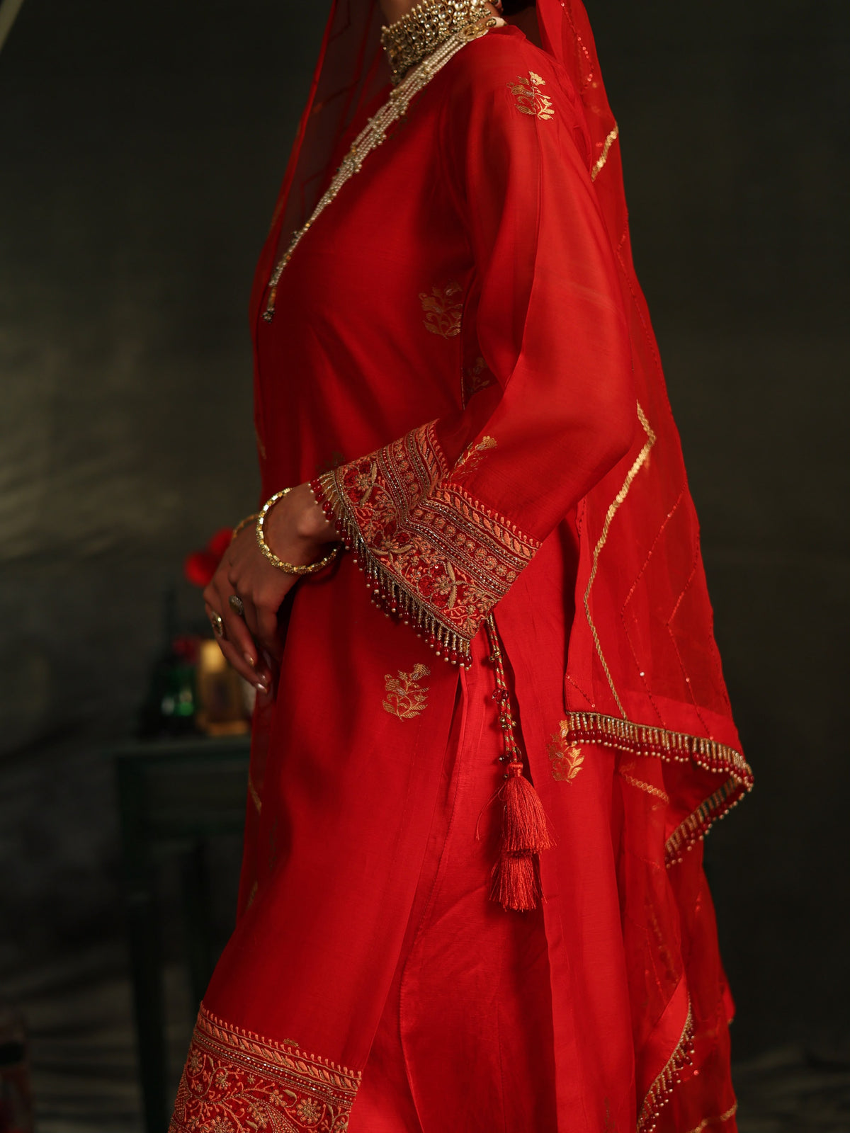 Red Katan Zari Chanderi Chikankari Kurta with Organza Dupatta & Sharara