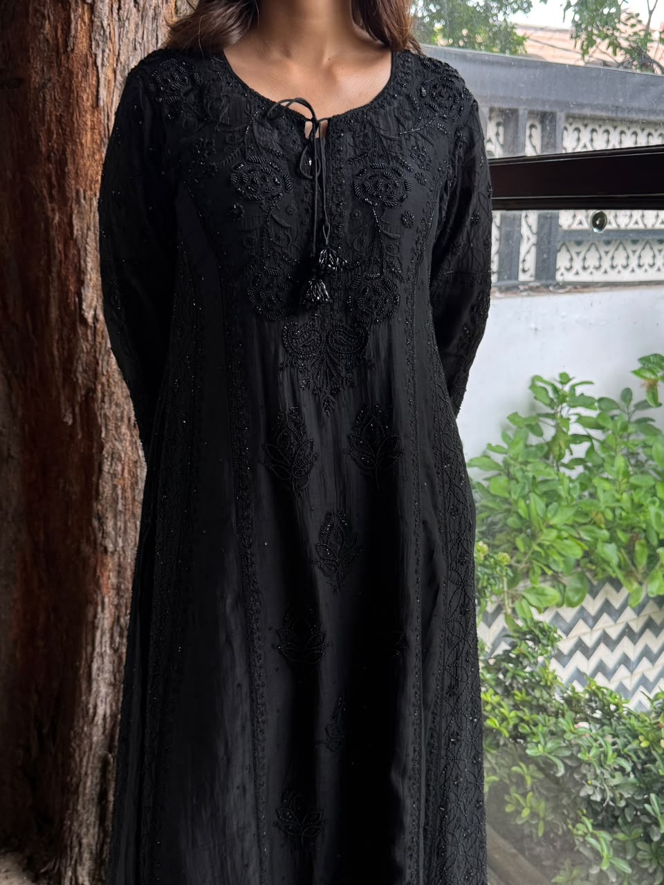 Black Malmal Pearl Work Chikankari A Line Kalidar Kurta With Dupatta