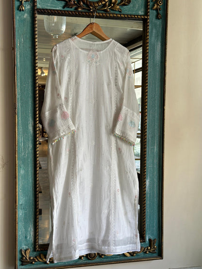 White Multi Shade Mulmul Pearl White Chikankari Ready to Wear Kurta Set