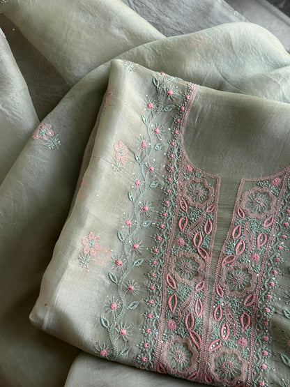 Olive Green Noor Organza Silk Chikankari With Kamdani Fabric