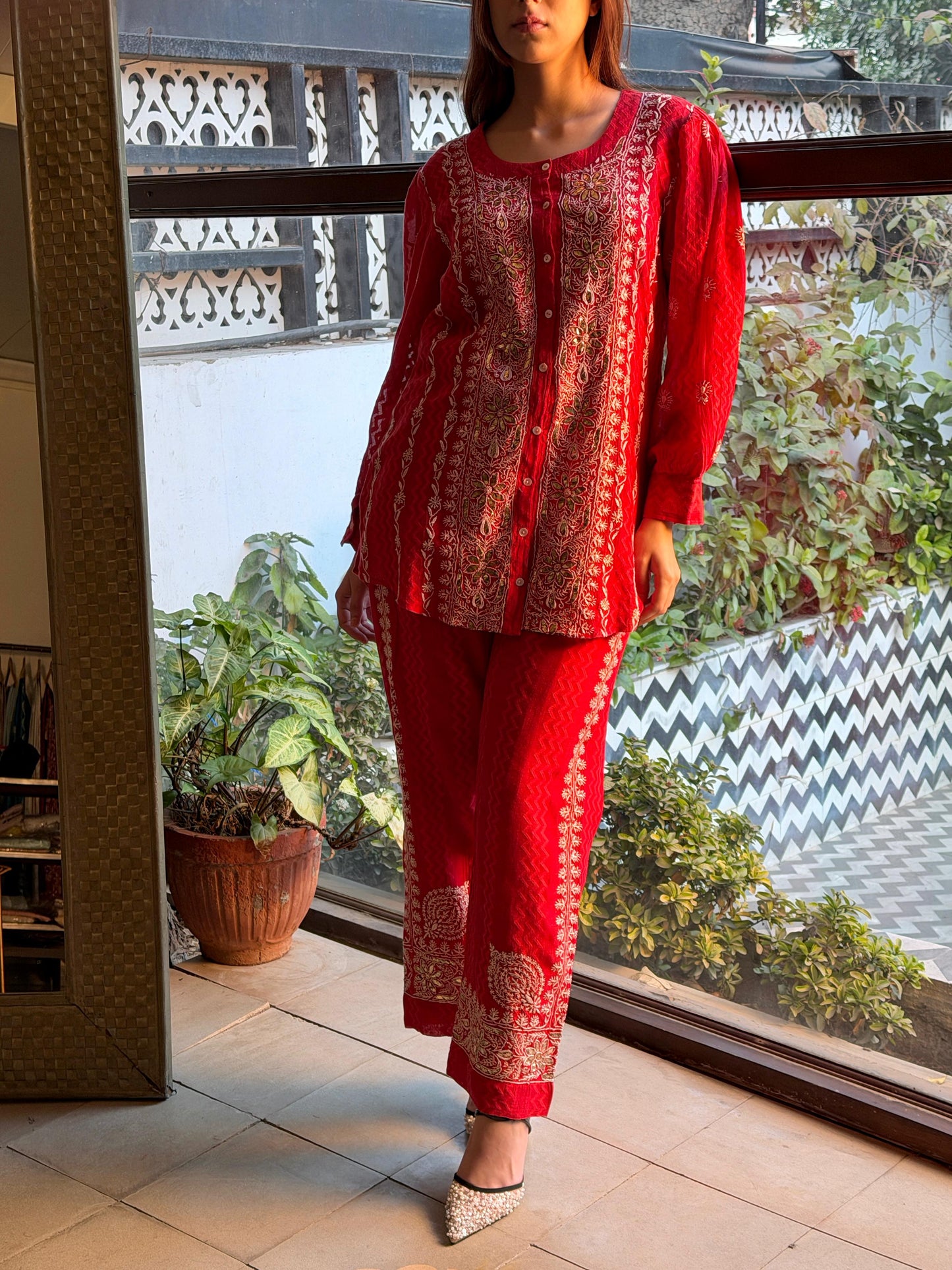 Crimson Red | Jacquard Sequins Chikankari Co-Ord Set