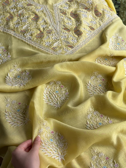 Butter Yellow Mul Chikankari Unstitched Kurta Set