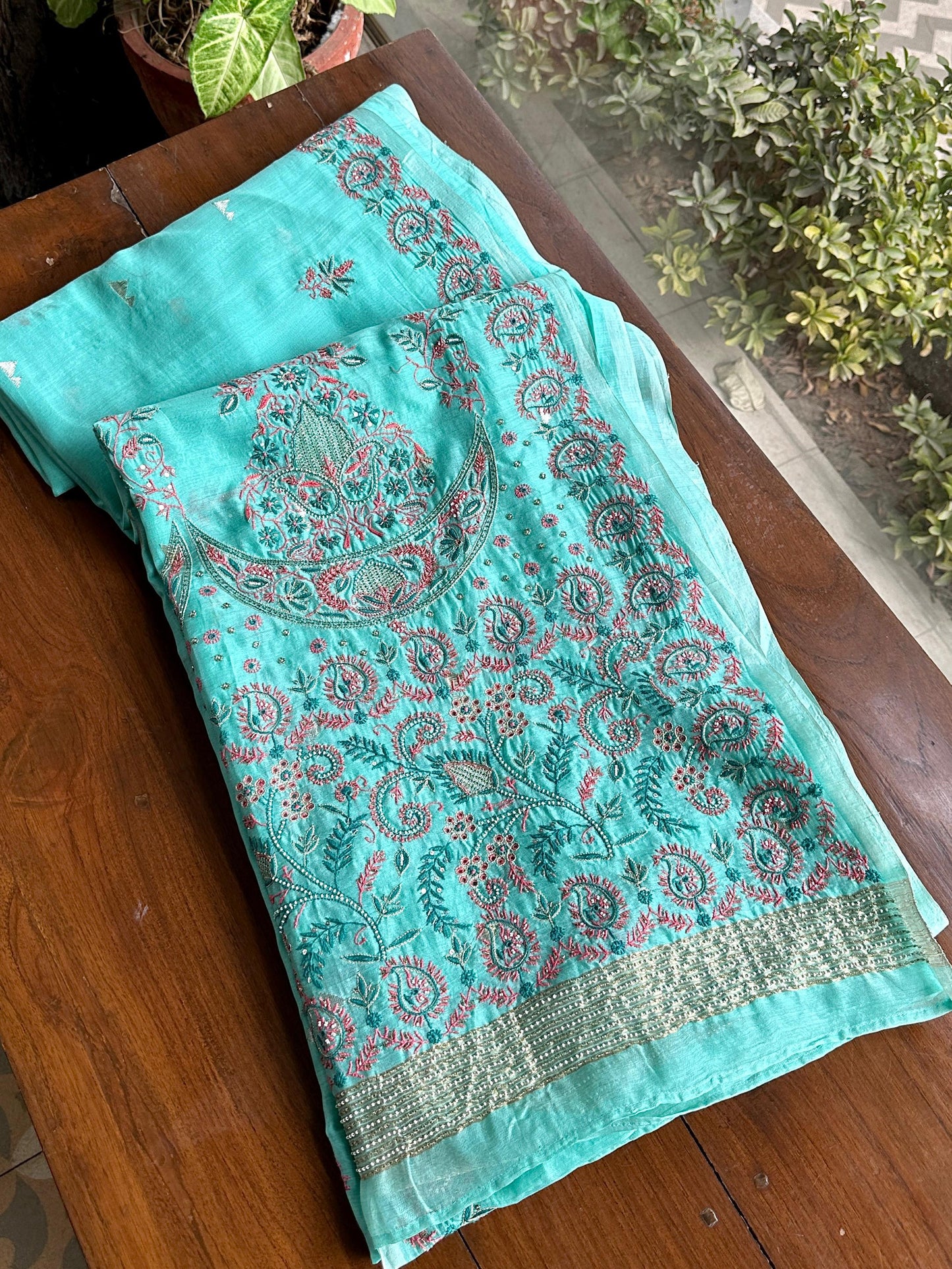 Aqua Green Shade Chanderi Chikankari Saree