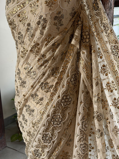 Vintage Dual Shade Mukaish Chikan Heriloom Saree with Blouse