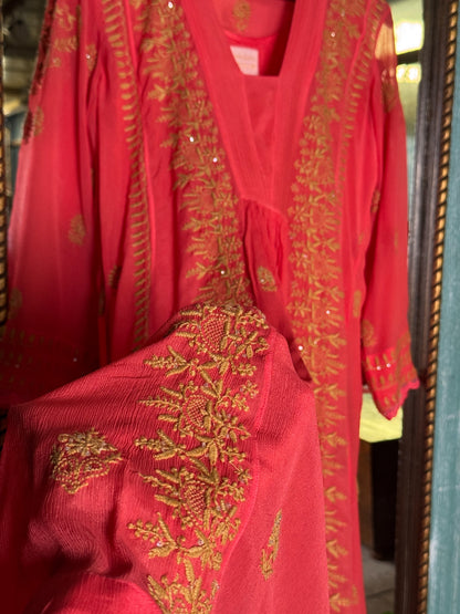 Carrot Pink Chiffon Chikankari Kurta with Lace Detailing