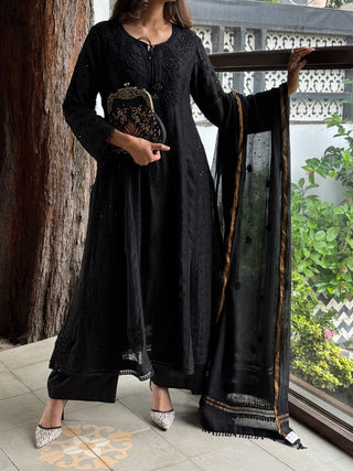 Black Malmal Pearl Work Chikankari A Line Kalidar Kurta With Dupatta