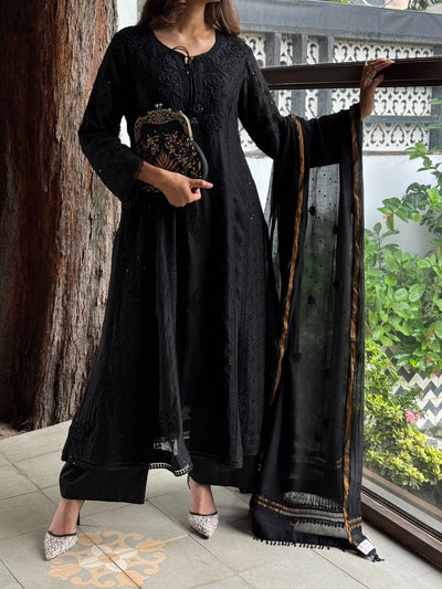 Black Malmal Pearl Work Chikankari A Line Kalidar Kurta With Dupatta