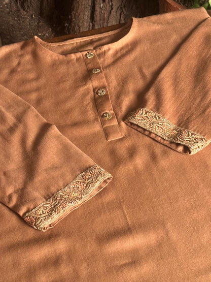 Clay Brown Kashmiri Pashmina Phiran with Handcrafted Ari & Chikankari Embroidery
