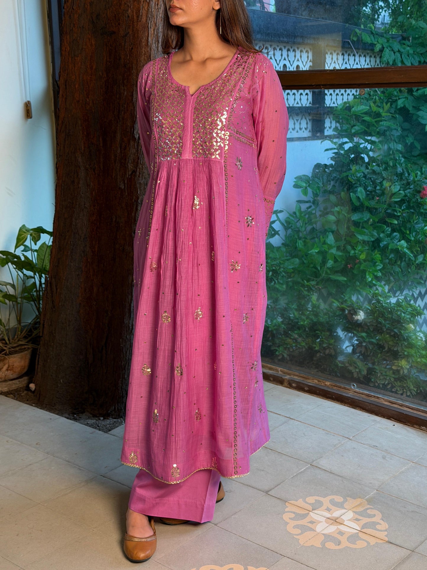 Deep Purple Mukaish Mul Chanderi Silk Ready To Wear Dress