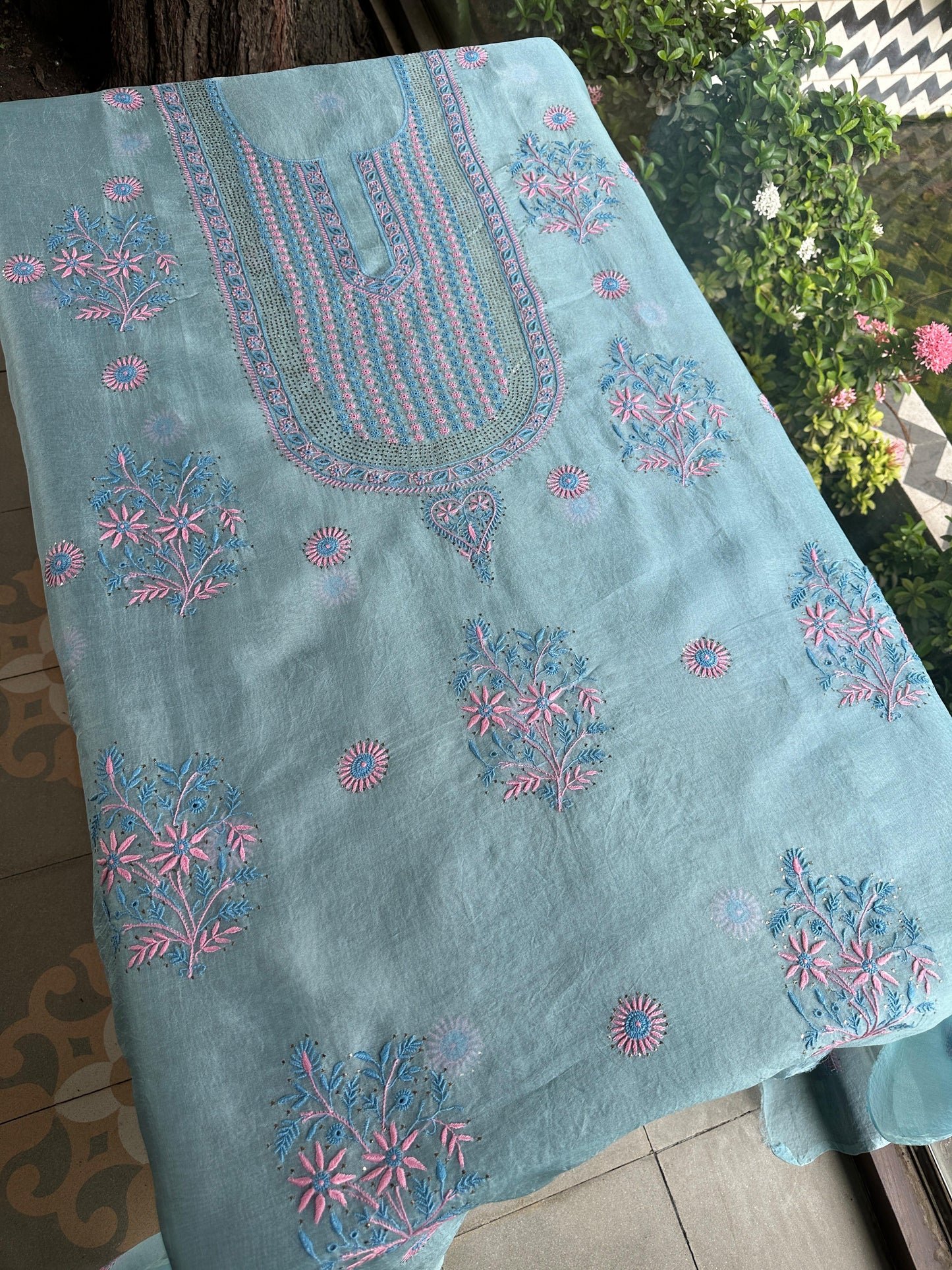 Blue Multi Shade Organza Silk Chikankari Unstitched Fabric