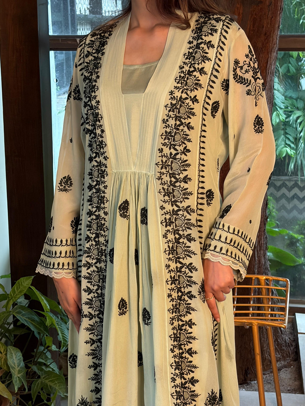 Pastel Green Chiffon Chikankari Kurta with Lace Detailing