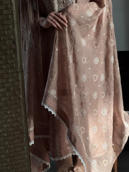 Nude Rose Mul Chanderi Mukaish Kamdani Chikankari Kurta Dupatta Set