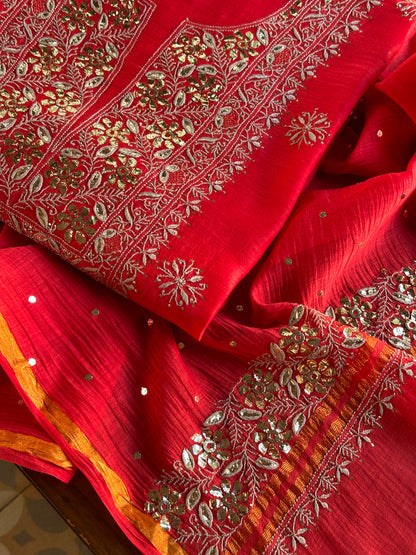 Red Shade Mal Cotton Chikankari Unstitched Kurta Dupatta Fabric With Mukaish Badla