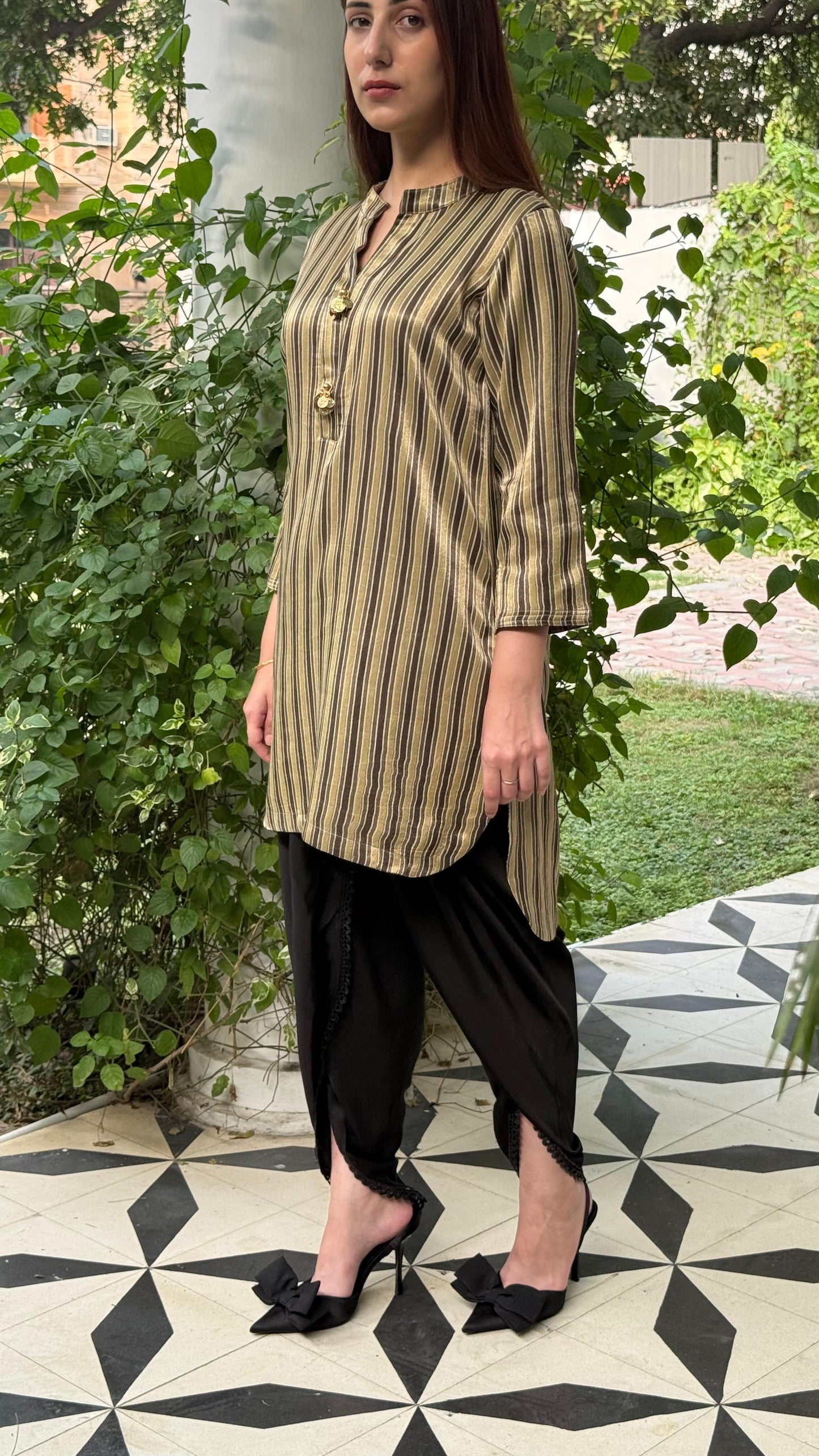 Ajrak Tan Brown Shade Mashru Silk, Short Kurta