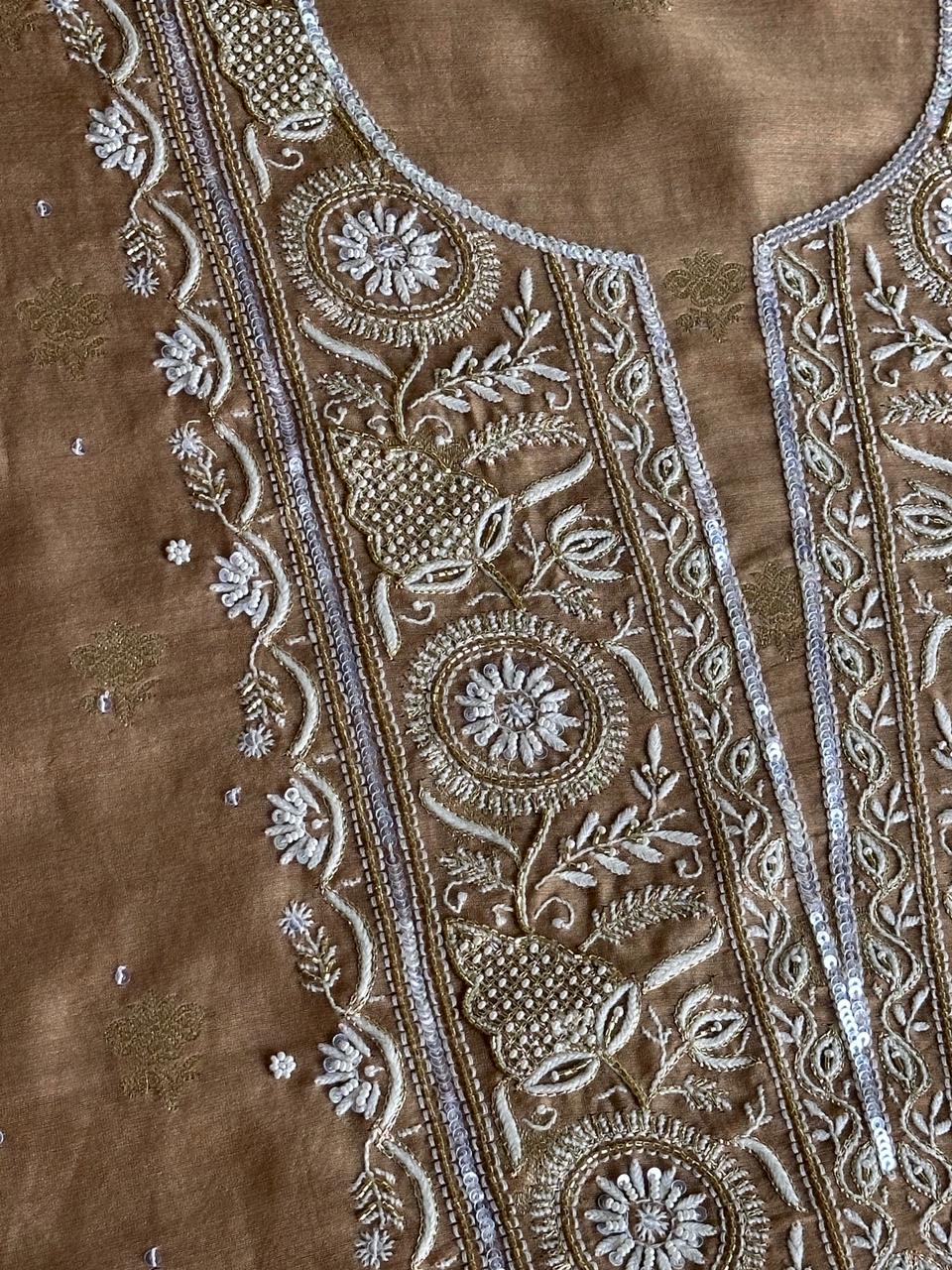 Tobacco Brown Shade Banarasi Zari Chanderi Unstitched Chikankari Fabric