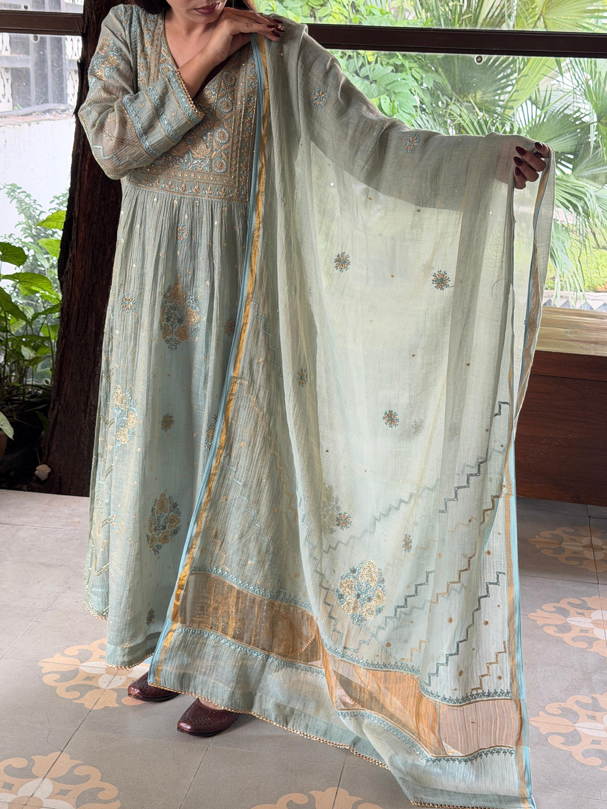 Cement Shade Tissue Silk Chikankari Bhopali Cut Kurta Dupatta Set