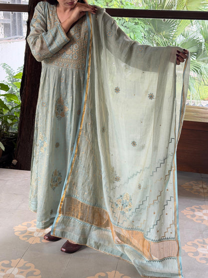 Cement Shade Tissue Silk Chikankari Bhopali Cut Kurta Dupatta Set