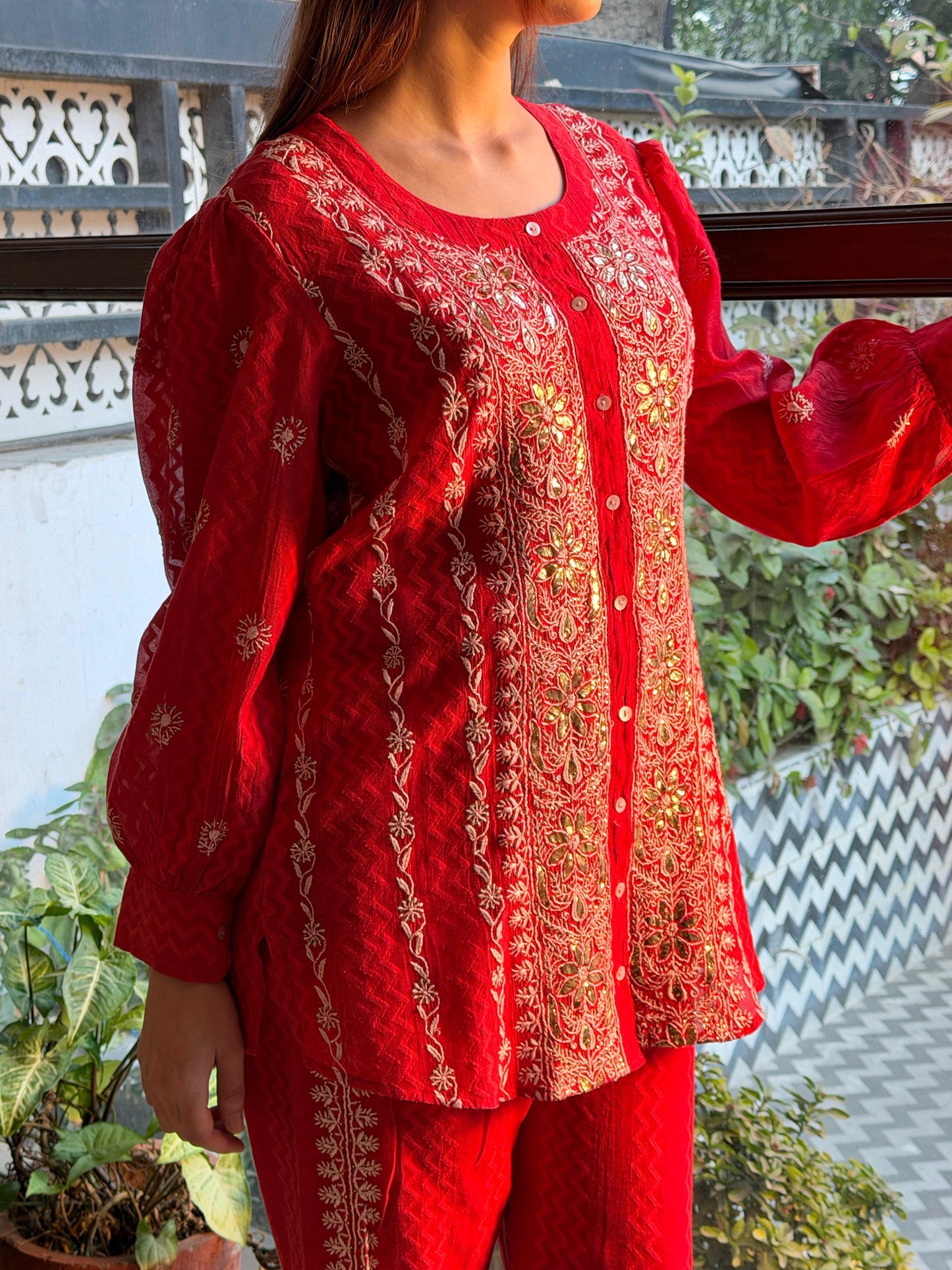 Crimson Red | Jacquard Sequins Chikankari Co-Ord Set