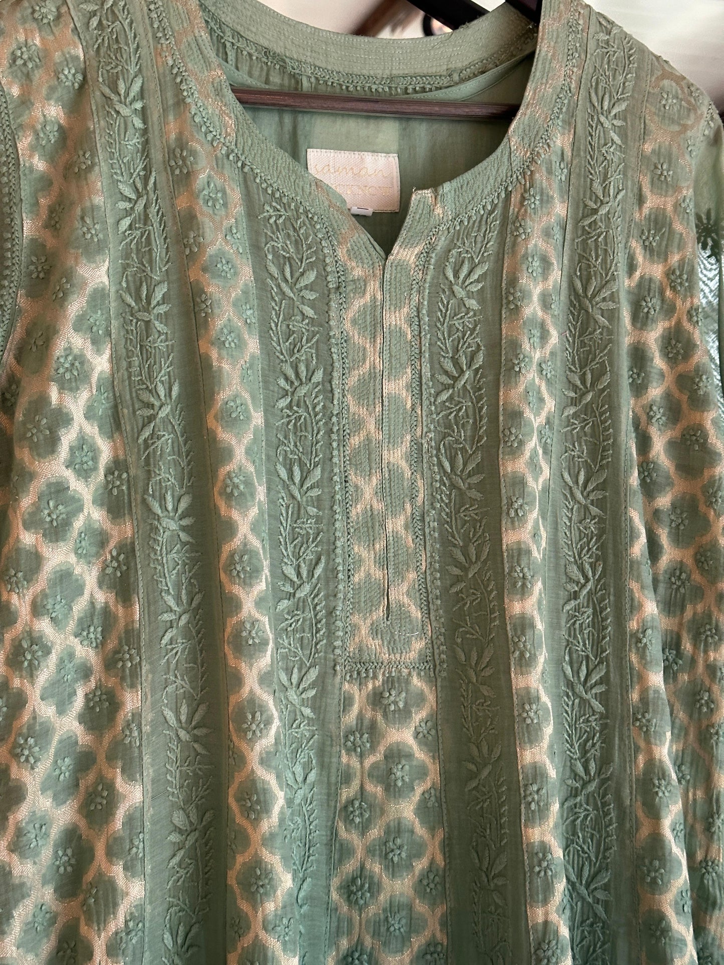 Green Zari Chanderi Chikankari A Line Kurta with Slip