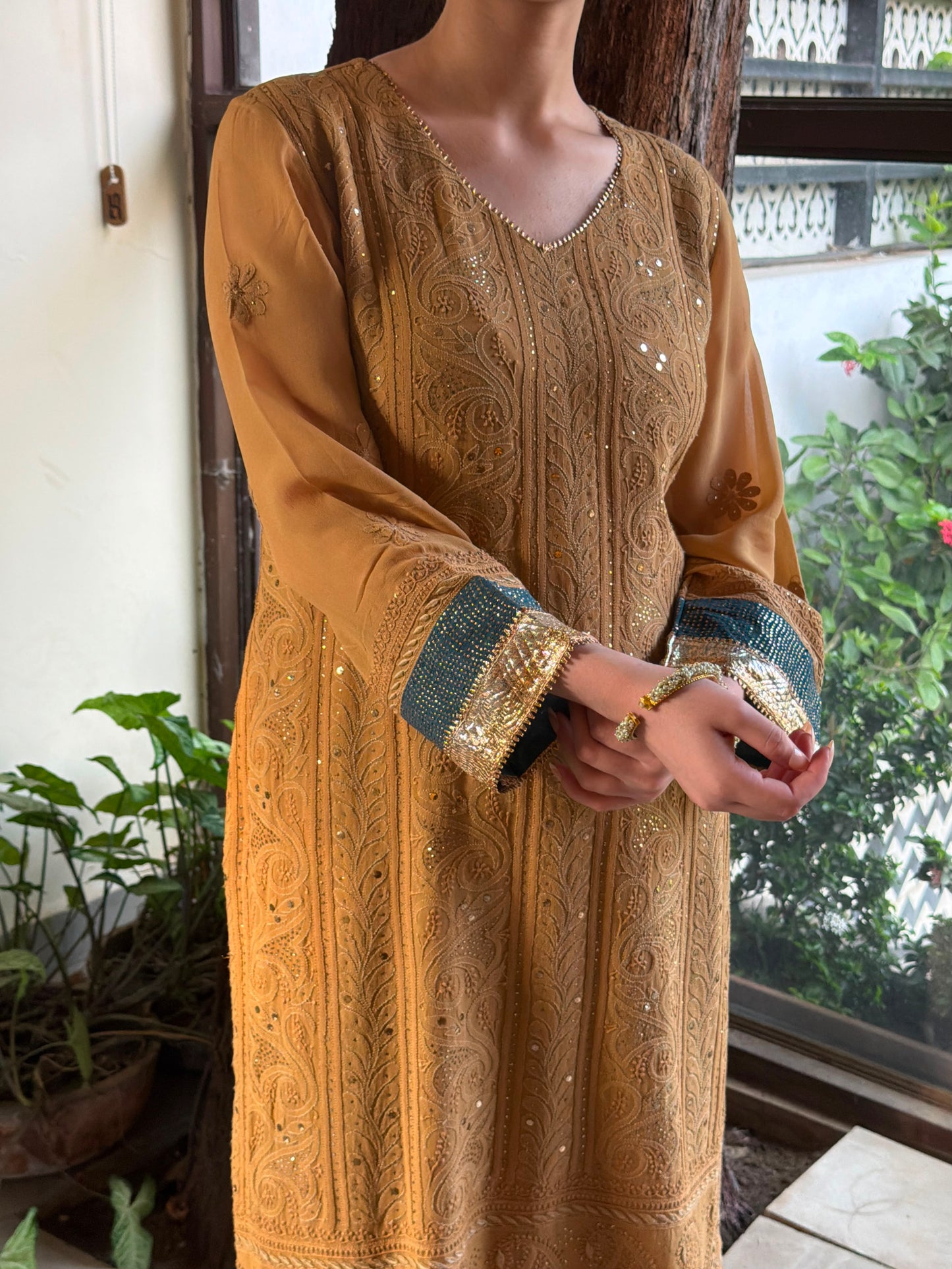 Turmeric Yellow Chikankari Pure Georgette Churidar Set with Kalamkari Dupatta