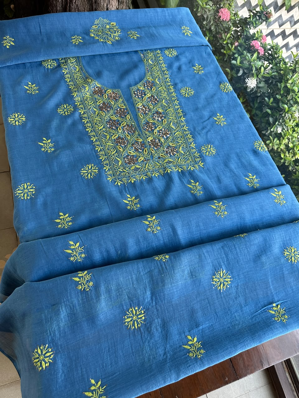 Blue & Green Shade Mal Cotton Chikankari Unstitched Kurta Dupatta Fabric With Mukaish Badla