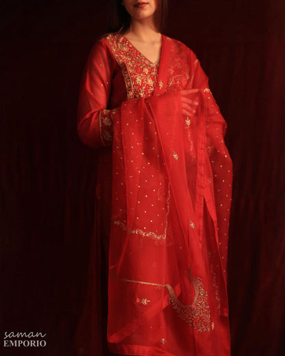 Red Maheshwari Silk Awadhi Zardosi Kurta Set
