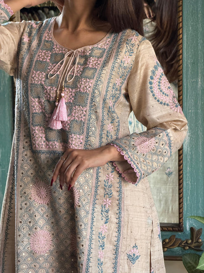 Basak Pink & Blue Natural Tussar Silk Kalidar Chikankari Kurta Set