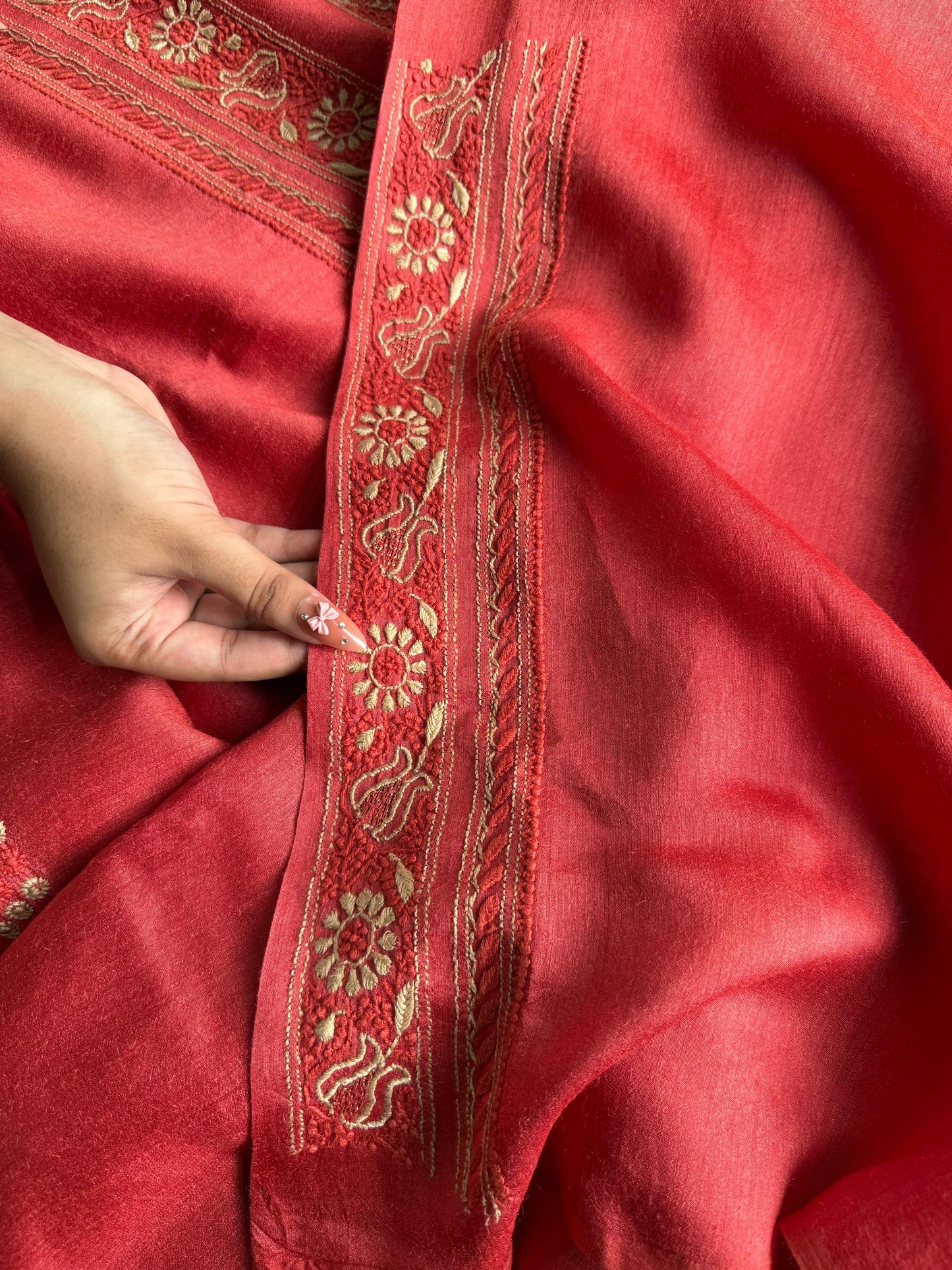 Red Moonga Silk Chikankari Men’s Kurta Fabrics
