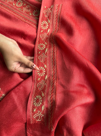 Red Moonga Silk Chikankari Men’s Kurta Fabrics