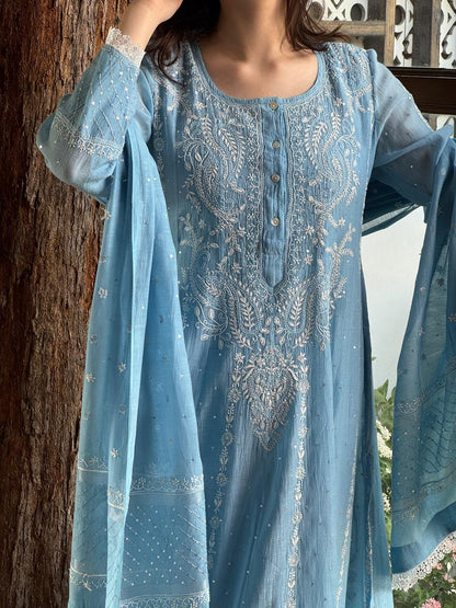 Powder Blue Shade Malmal Pearl Work Chikankari Anarkali