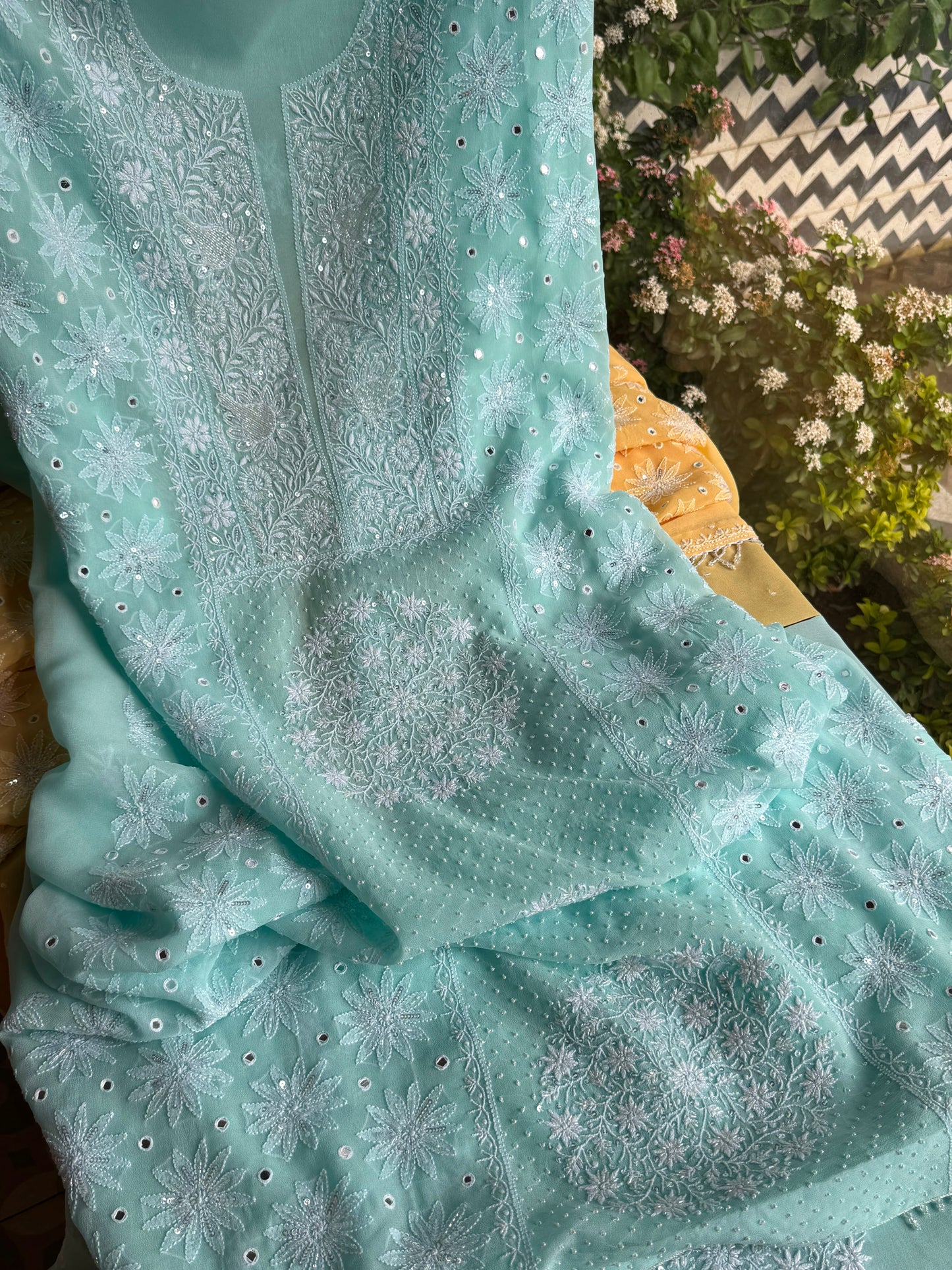 Aqua Green shade Georgette Mirror Work Chikankari Kurta Dupatta Set