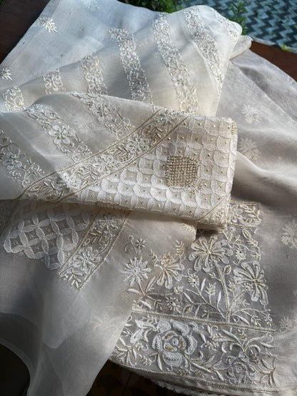 White Noor Organza Banarasi Silk Chikankari Unstitched Kurta Dupatta Set