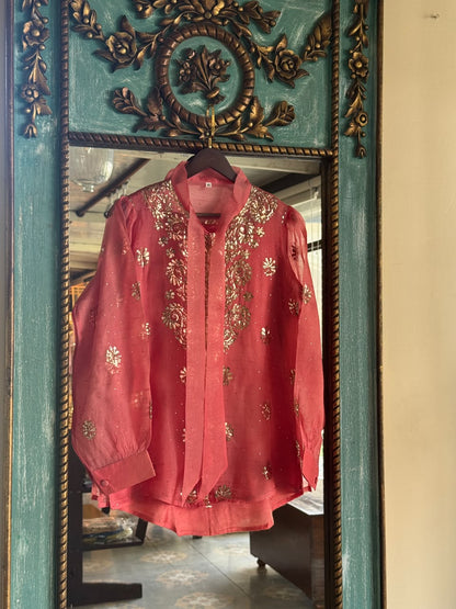 Carrot Pink Noor Organza Mukaish Badla Short Top With Bow Tie