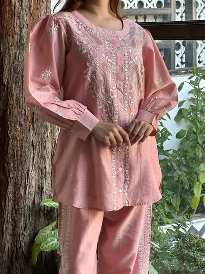 Lotus Pink Chanderi Chikankari Co-Ord Set