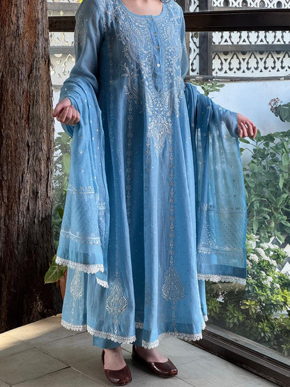 Powder Blue Shade Malmal Pearl Work Chikankari Anarkali