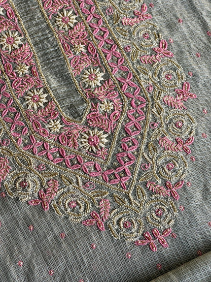 Smokey Grey Shade Tissue Kota Chikankari Unstitched Fabric