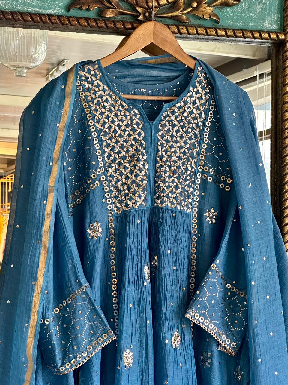 Blue Shade Mukaish Mul Chanderi Silk Dress