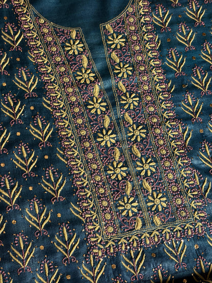 Blue Multi Roheen Tussar Silk Chikankari Fabric