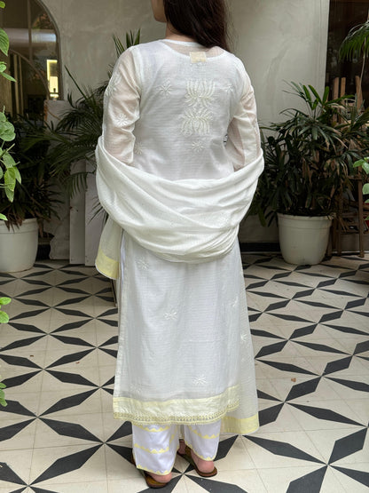White & Lemon Shade Kota Pearl Work Chikankari Kurta Set