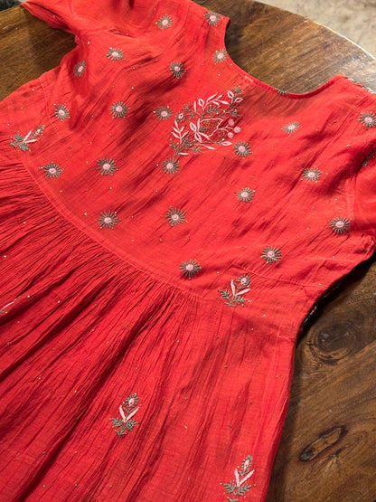 Saman Tomato Red | Malmal Mukaish Kamdani Chikankari Stitched Kurta Dupatta Set